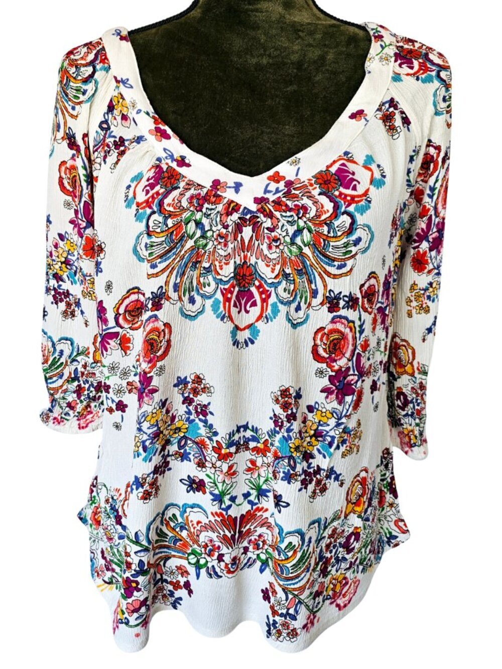 Bila V-Neck 3/4 Sleeve Floral Bohemian Blouse, Cream/Multi, Size Small - Picture 7 of 8